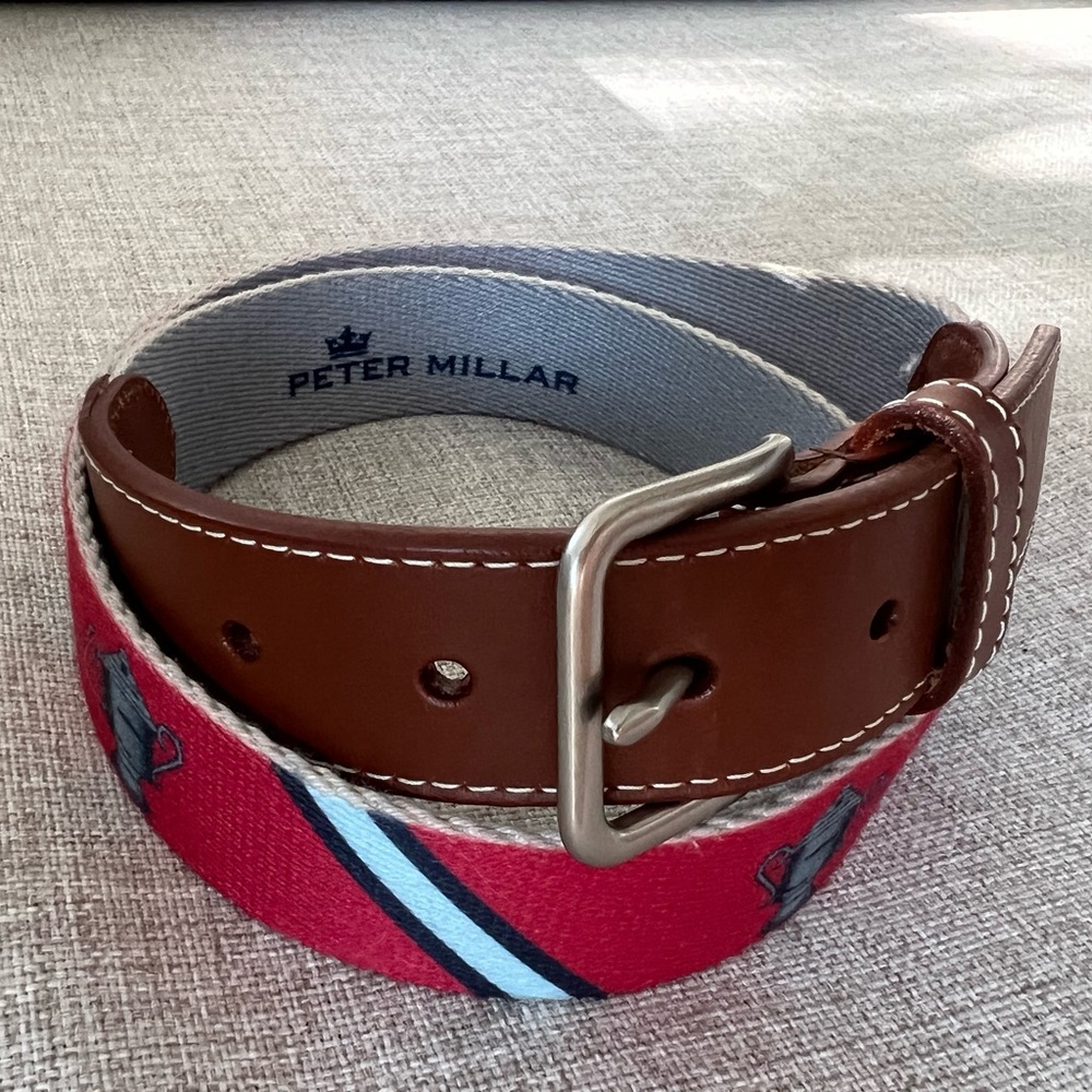 Peter Millar Men’s Woven Belt Red  & Trophy Cup-  Cotton & Leather